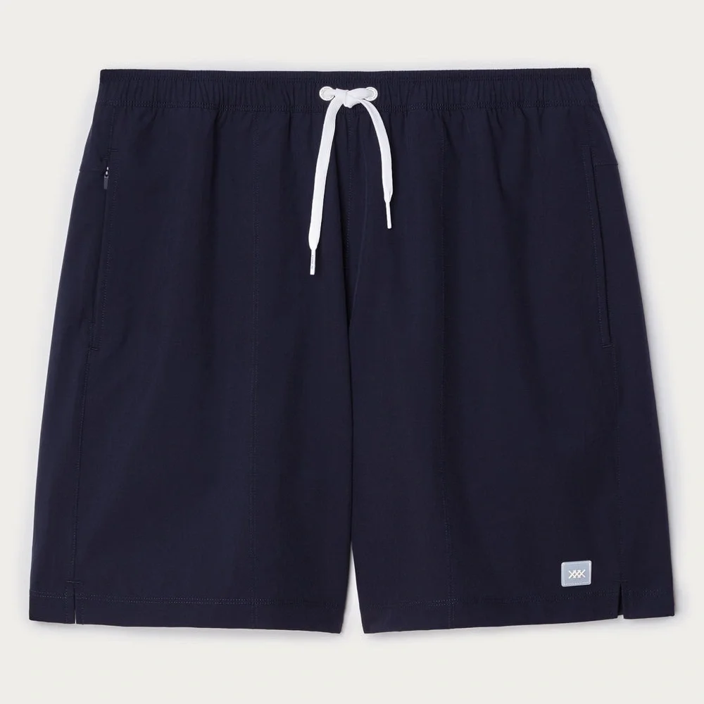 Men’s RHONE 7.5” R&R Swim Trunks with White Drawstring Size S in Color Navy